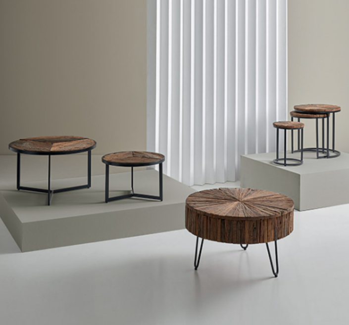 Set mesas auxiliares Nakul madera y hierro 45-38-28cm