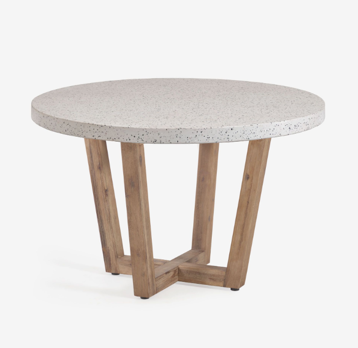 Mesa redonda Alfama terrazo blanco y madera maciza de acacia 120cm